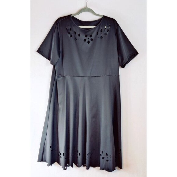 Black Knit Dress Laser Cut Eyelet Floral Pattern Cottage Core Party All Seasons - Picture 2 of 10
